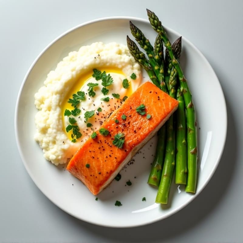 Seared Salmon with Steamed Asparagus and Cauliflower Mash