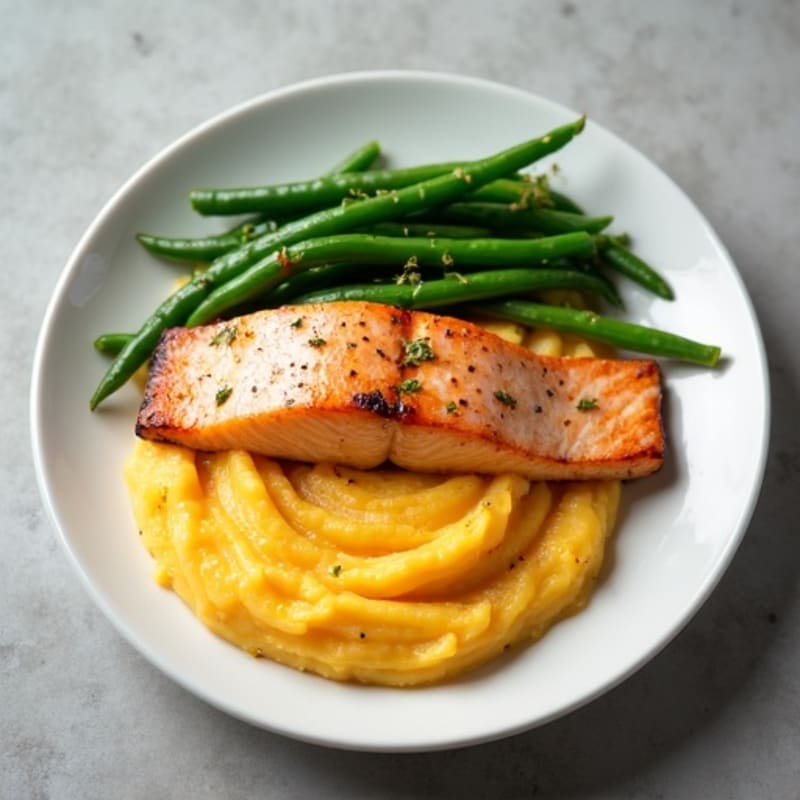Seared Salmon with Garlic Green Beans and Mashed Sweet Potato