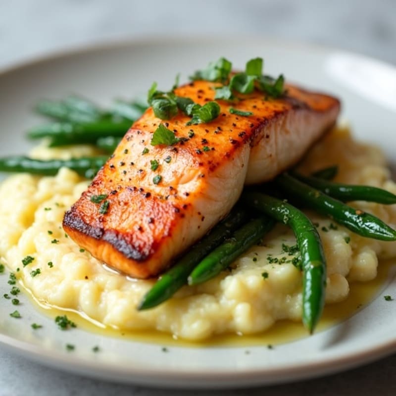 Seared Salmon with Garlic Green Beans and Cauliflower Mash