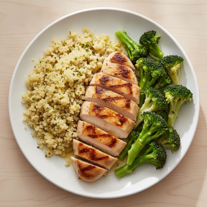 Grilled Chicken Breast with Steamed Broccoli and Lemon Quinoa