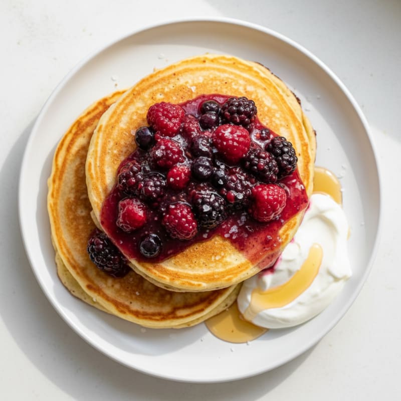 Fluffy Buttermilk-Style Protein Pancakes with Berry Compote