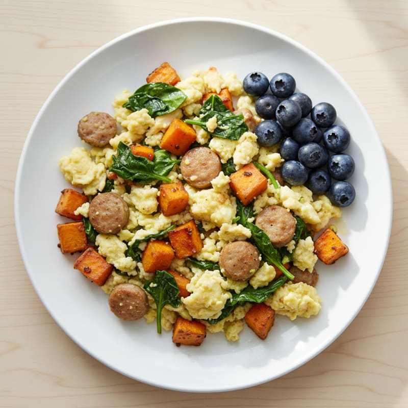 Egg White and Turkey Sausage Scramble with Sautéed Spinach and Sweet Potato