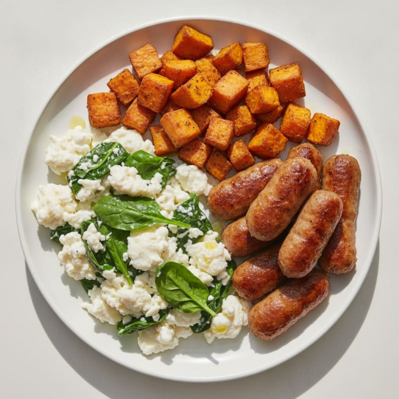 Egg White Spinach Scramble with Turkey Sausage and Roasted Sweet Potatoes