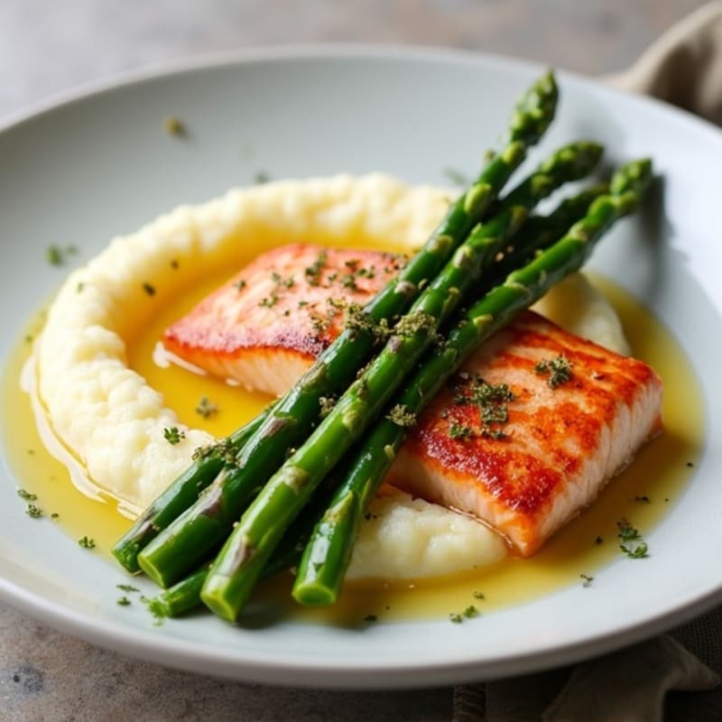 Seared Salmon with Steamed Asparagus and Cauliflower Mash