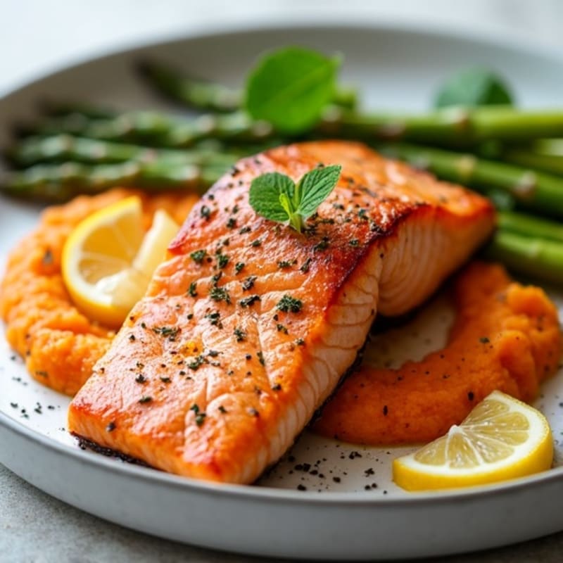 Seared Salmon Fillet with Roasted Asparagus and Sweet Potato Mash