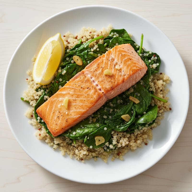 Seared Salmon Fillet with Garlic Sautéed Spinach and Quinoa