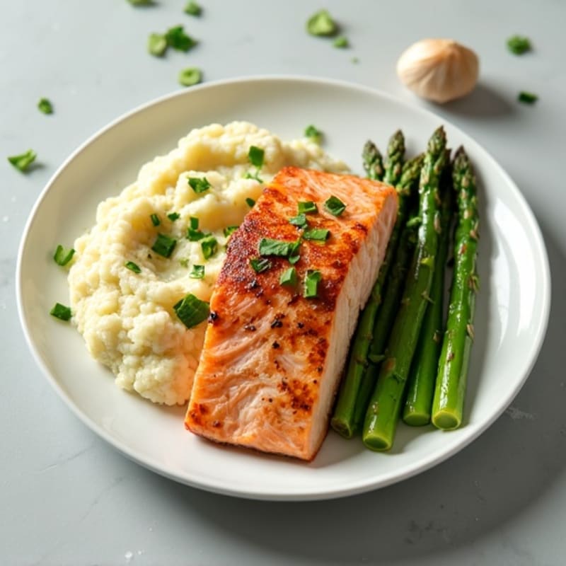 Seared Salmon with Steamed Asparagus and Garlic Cauliflower Mash