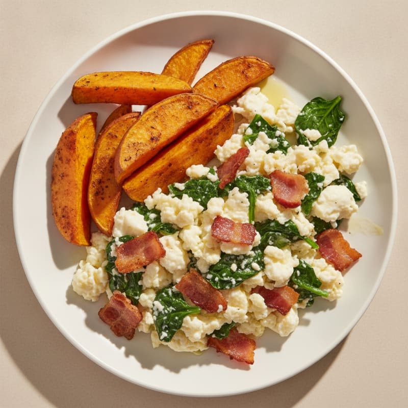 Crispy Bacon and Egg White Scramble with Sautéed Spinach