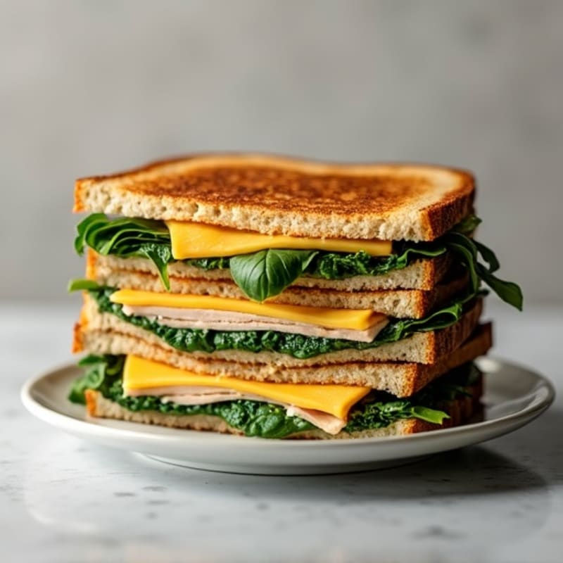 Crispy Whole Grain Triple-Decker Grilled Cheese with Lean Turkey and Fresh Spinach