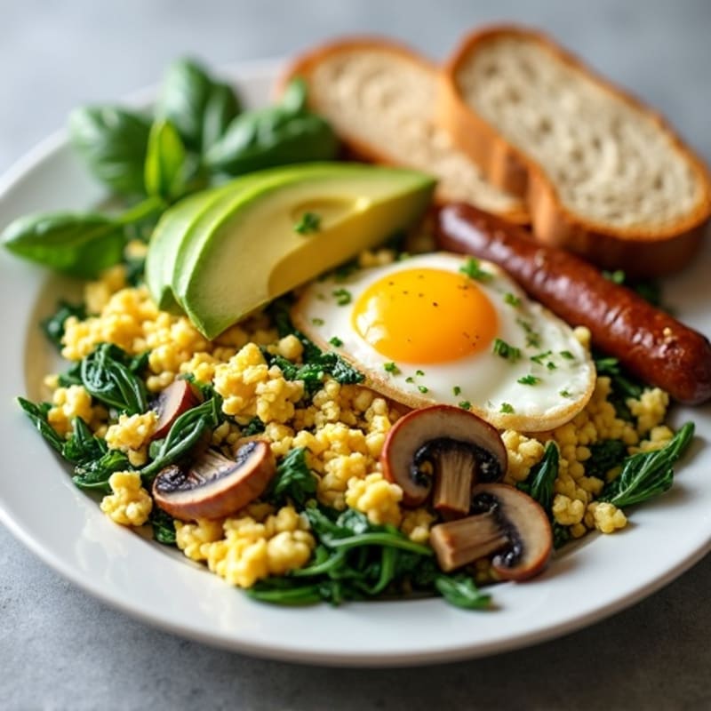 Egg White Scramble with Spinach, Mushrooms & Turkey Sausage