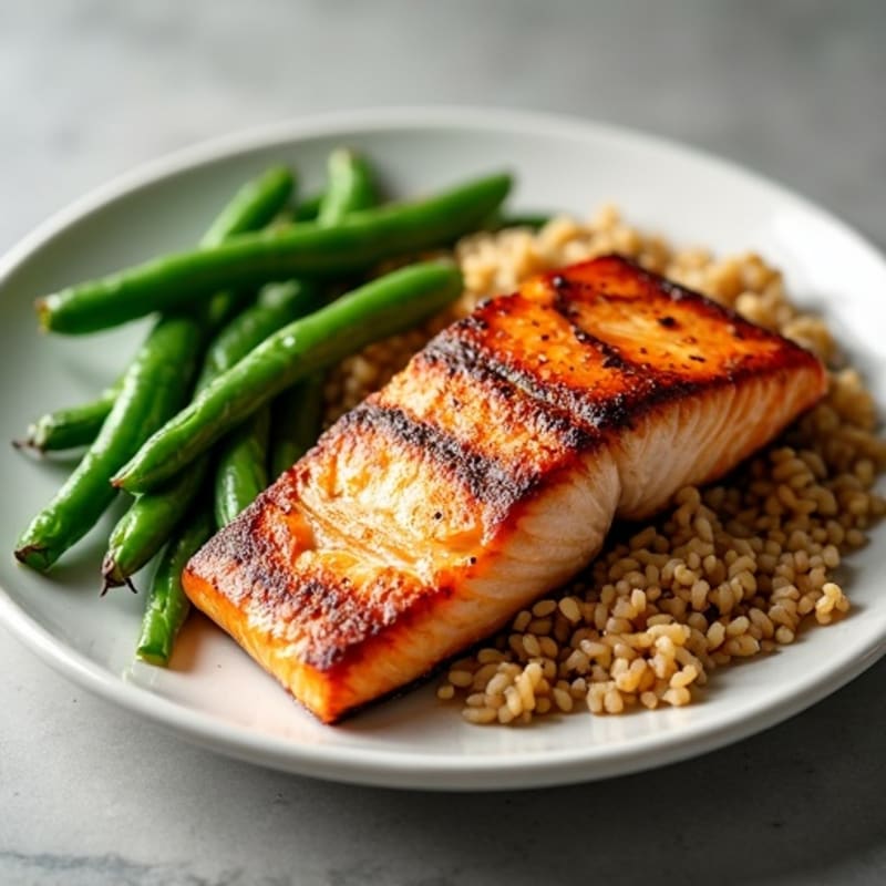 Seared Salmon with Steamed Green Beans and Brown Rice