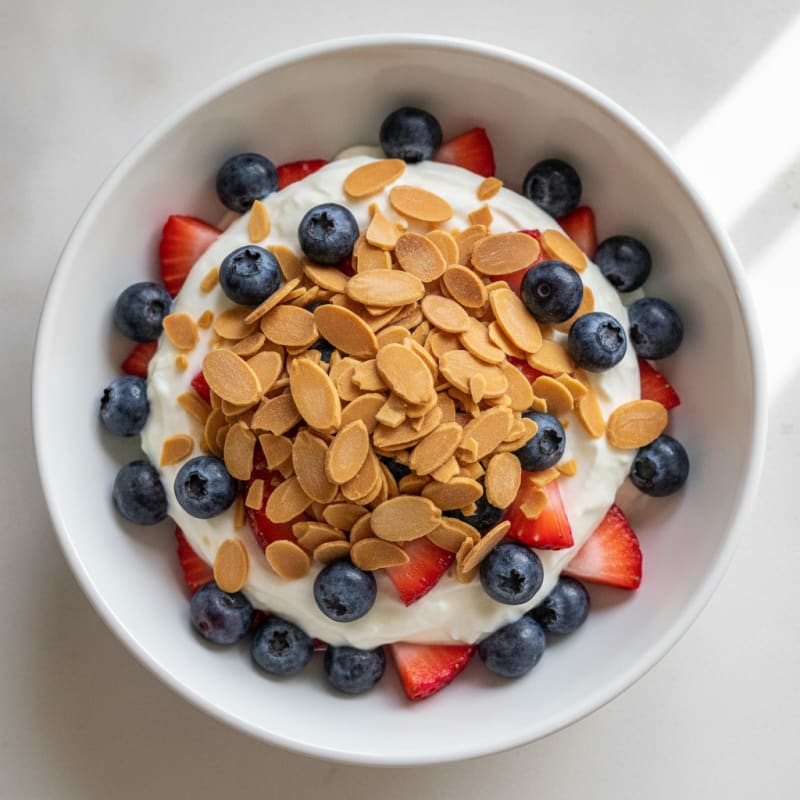 Greek Yogurt Parfait with Mixed Berries and Sliced Almonds