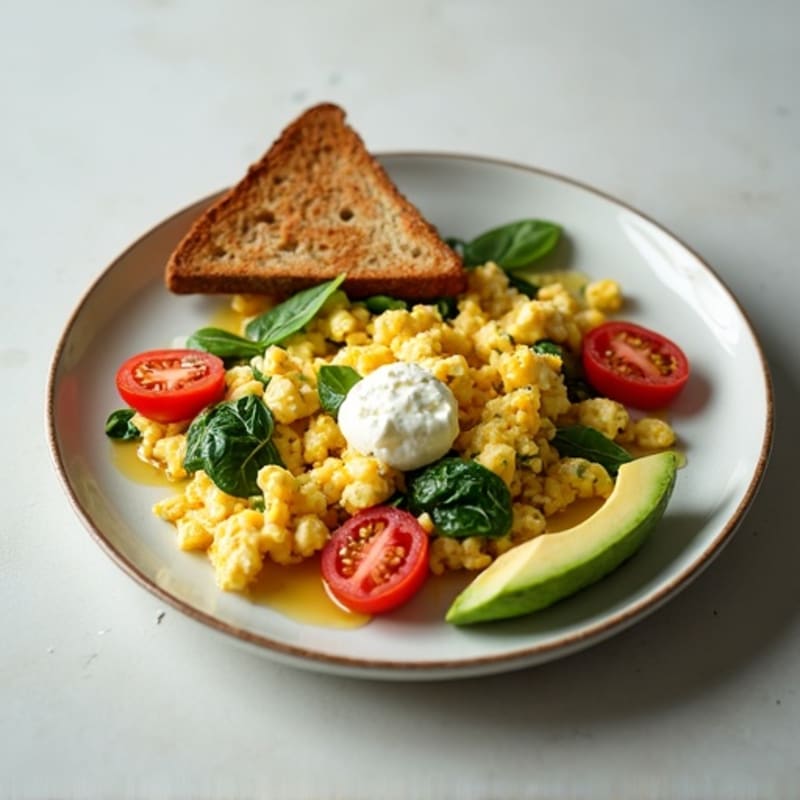Egg White and Spinach Scramble with Cottage Cheese and Tomatoes