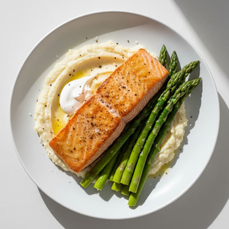 Seared Salmon with Steamed Asparagus and Cauliflower Mash