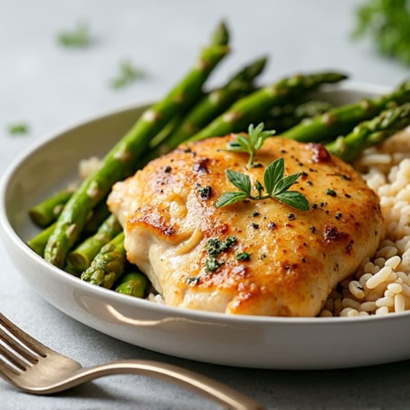 Lemon Herb Roasted Chicken with Fluffy Brown Rice and Roasted Asparagus