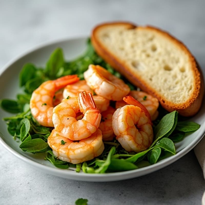 Sautéed Shrimp with Garlic Butter, Mixed Greens and Rustic Bread