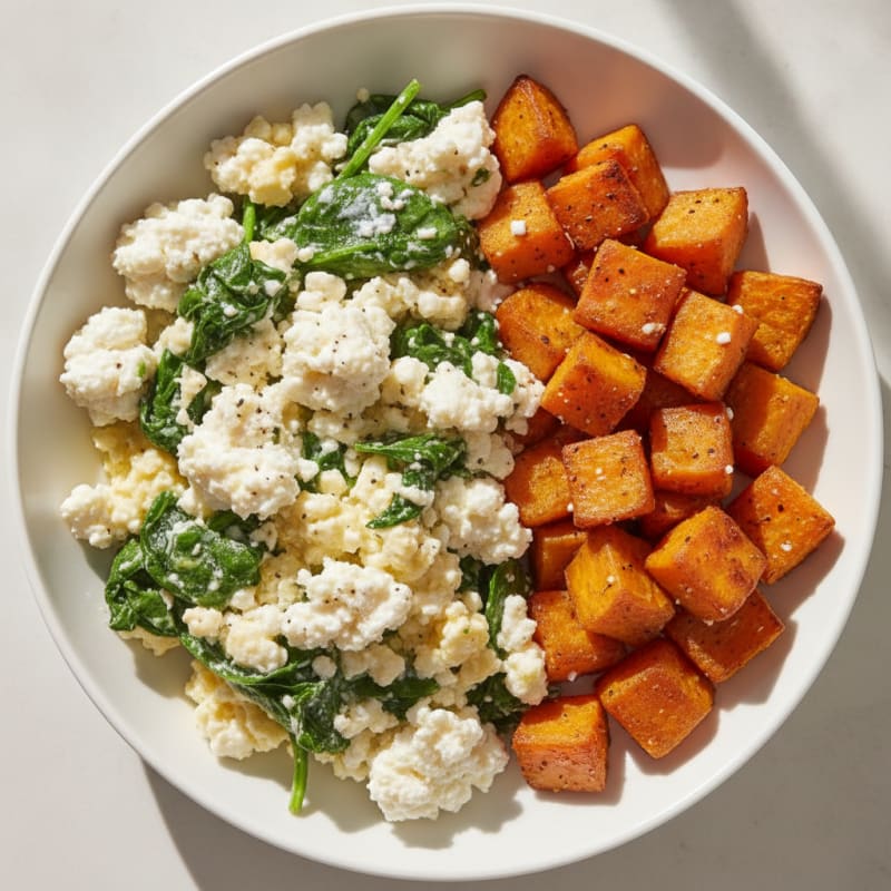 Egg White and Spinach Scramble with Cottage Cheese and Roasted Sweet Potatoes