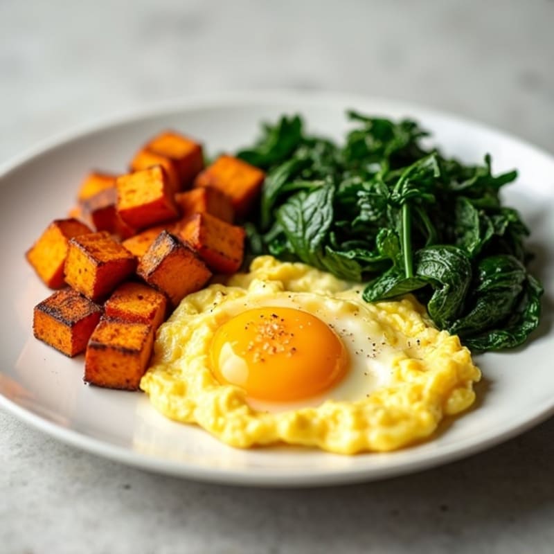 Lactose-Free Scrambled Eggs with Spinach and Roasted Sweet Potato