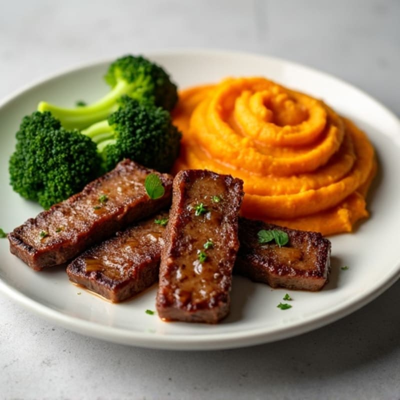 Butter-Seared Beef Strips with Steamed Broccoli and Sweet Potato Mash
