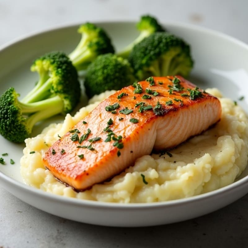 Seared Salmon with Mashed Potatoes and Steamed Broccoli