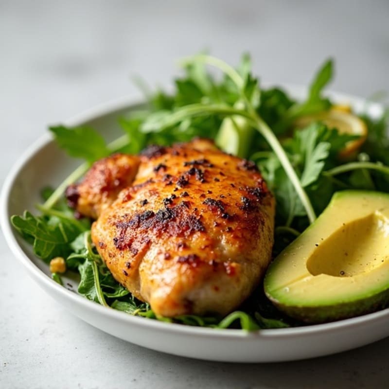 Oven-Roasted Chicken Thighs with Creamy Avocado and Mixed Greens