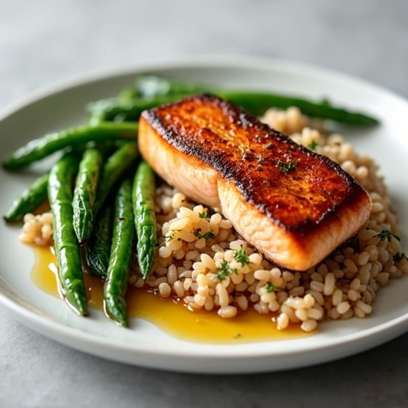Seared Salmon Fillet with Garlic Green Beans and Brown Rice