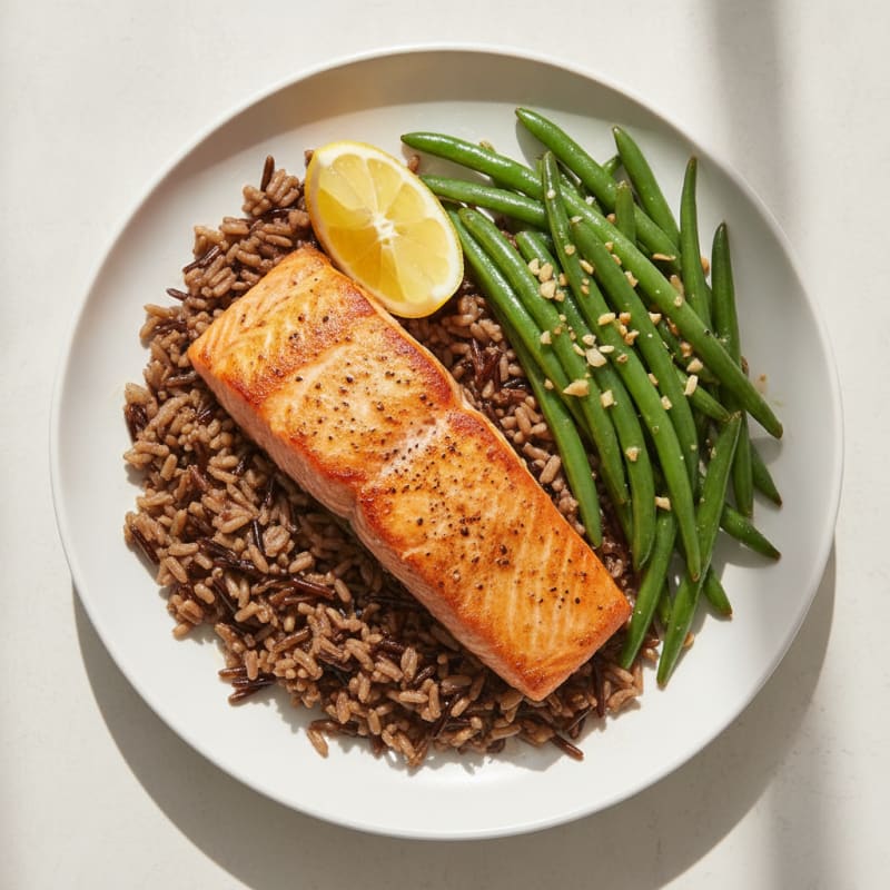 Seared Salmon with Garlic Green Beans and Wild Rice