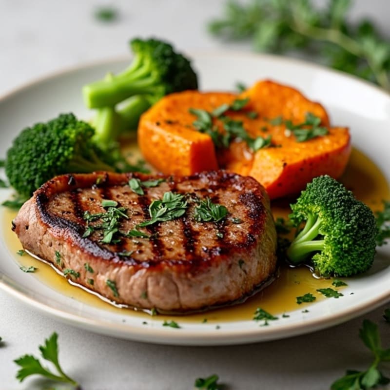 Garlic-Herb Seared Steak with Roasted Sweet Potato and Crispy Broccoli