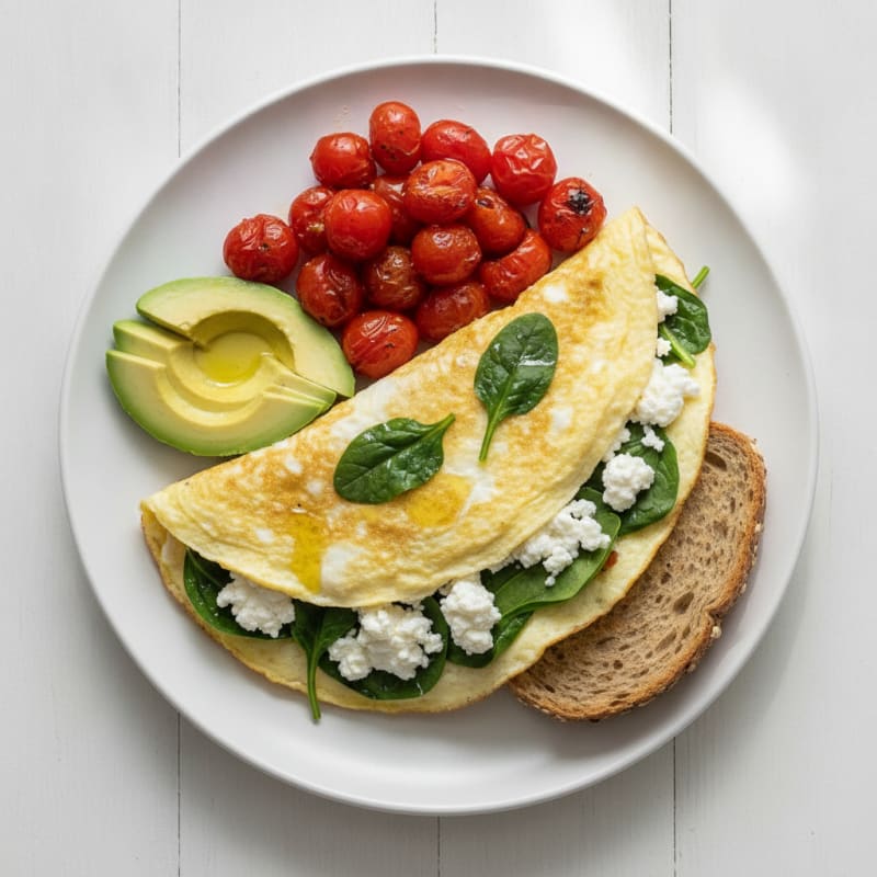 Egg White Spinach Omelette with Cottage Cheese and Cherry Tomatoes