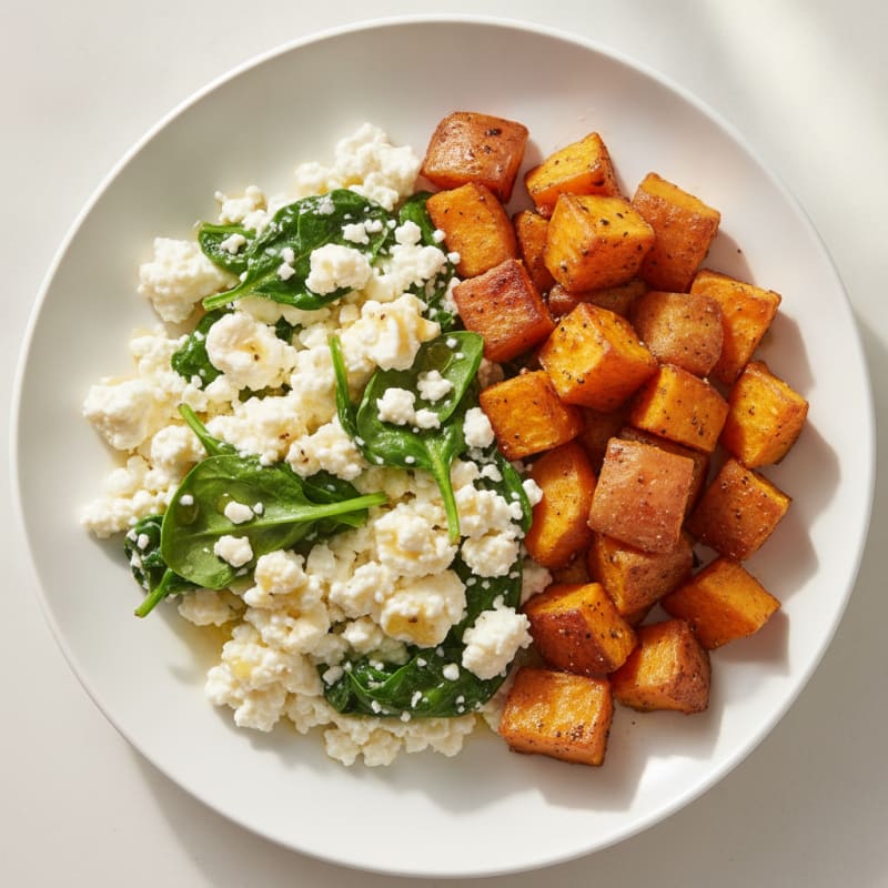 Cottage Cheese Scramble with Spinach and Roasted Sweet Potatoes