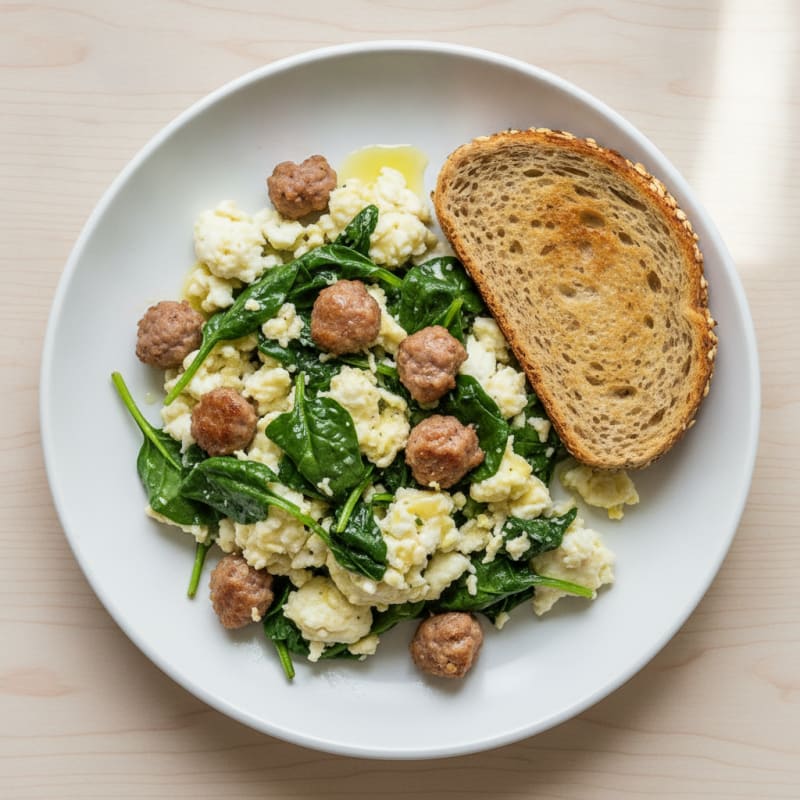 Egg White Scramble with Turkey Sausage and Sautéed Spinach