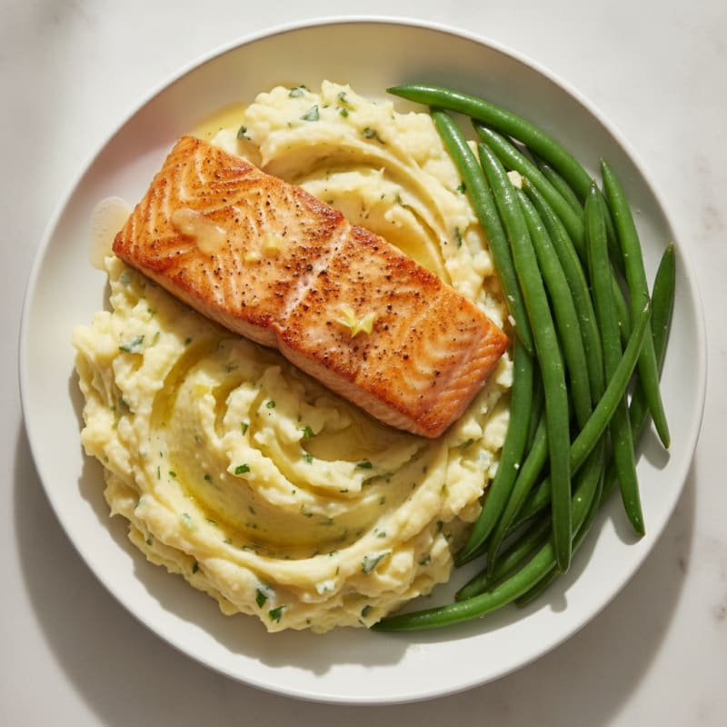 Seared Salmon with Steamed Green Beans and Garlic Mashed Potatoes