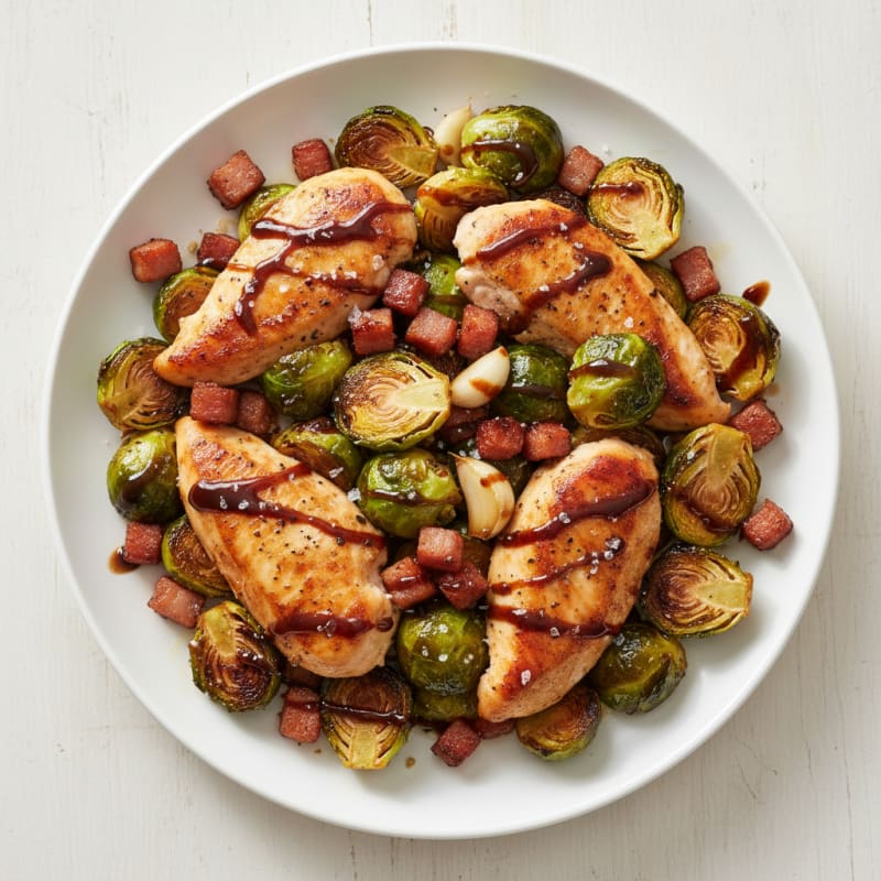 Balsamic-Glazed Brussels Sprouts with Pancetta and Roasted Chicken