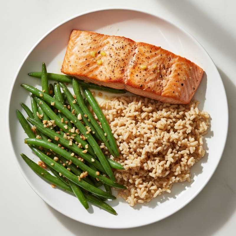 Seared Salmon with Garlic Green Beans and Steamed Brown Rice