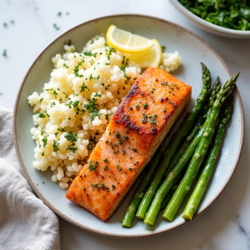 Seared Salmon with Herbed Cauliflower Rice and Steamed Asparagus