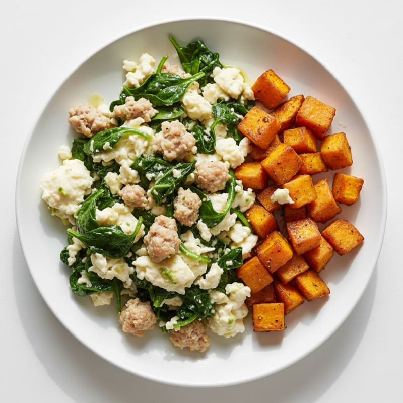 Egg White and Turkey Sausage Scramble with Spinach and Roasted Sweet Potato