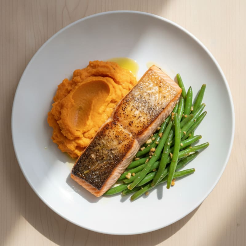 Seared Salmon with Garlic Green Beans and Sweet Potato Mash