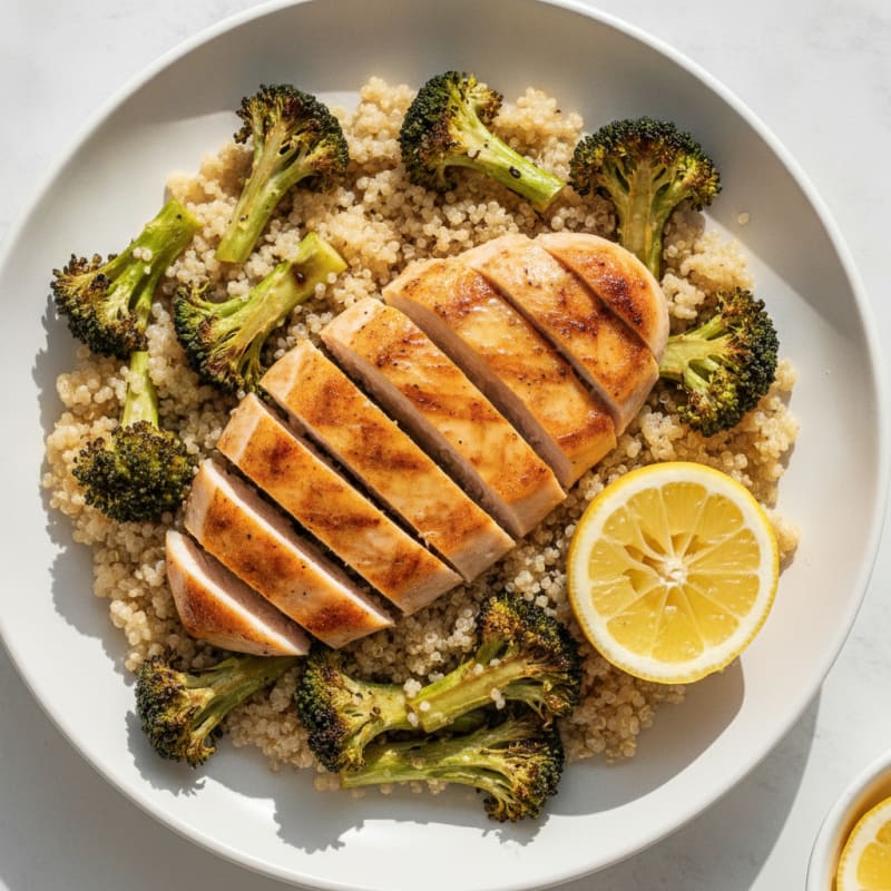 Grilled Chicken and Quinoa Bowl with Roasted Broccoli