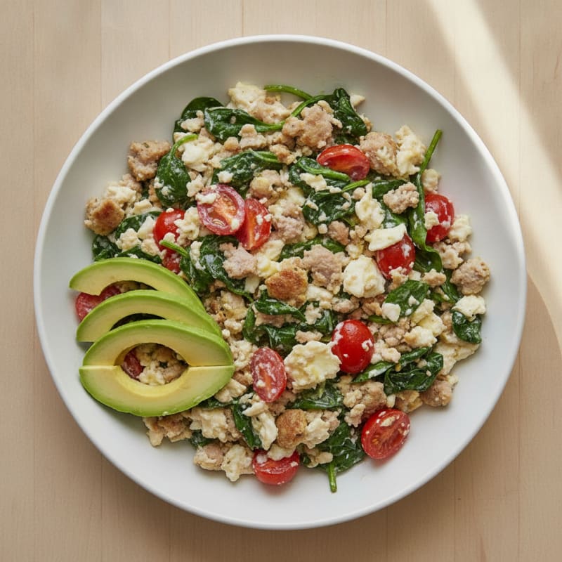 Egg White and Turkey Sausage Scramble with Spinach and Tomatoes