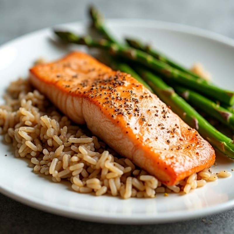 Pan-Seared Salmon with Roasted Asparagus and Brown Rice