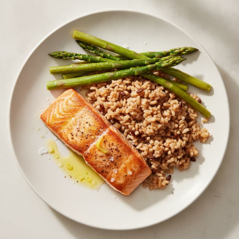 Seared Salmon with Steamed Asparagus and Brown Rice