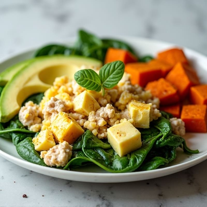 Egg White and Turkey Spinach Scramble with Roasted Sweet Potato