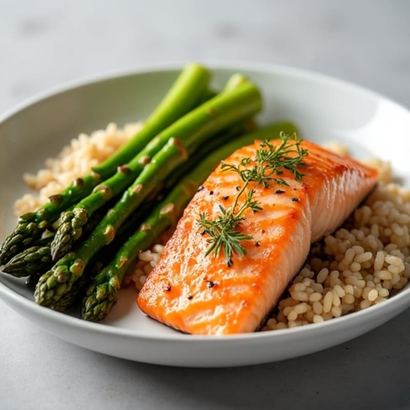 Seared Salmon with Steamed Asparagus and Brown Rice