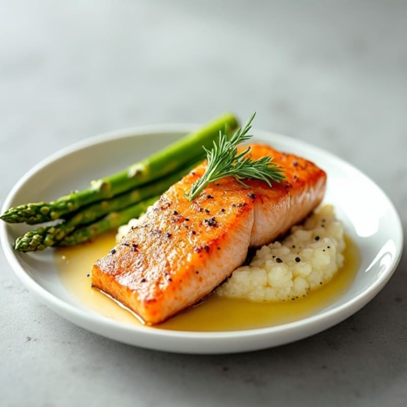 Seared Salmon with Steamed Asparagus and Cauliflower Mash
