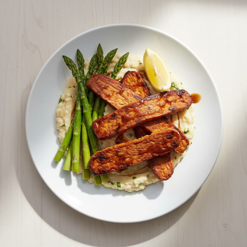 Grilled Tempeh with Creamy White Bean Mash and Steamed Asparagus