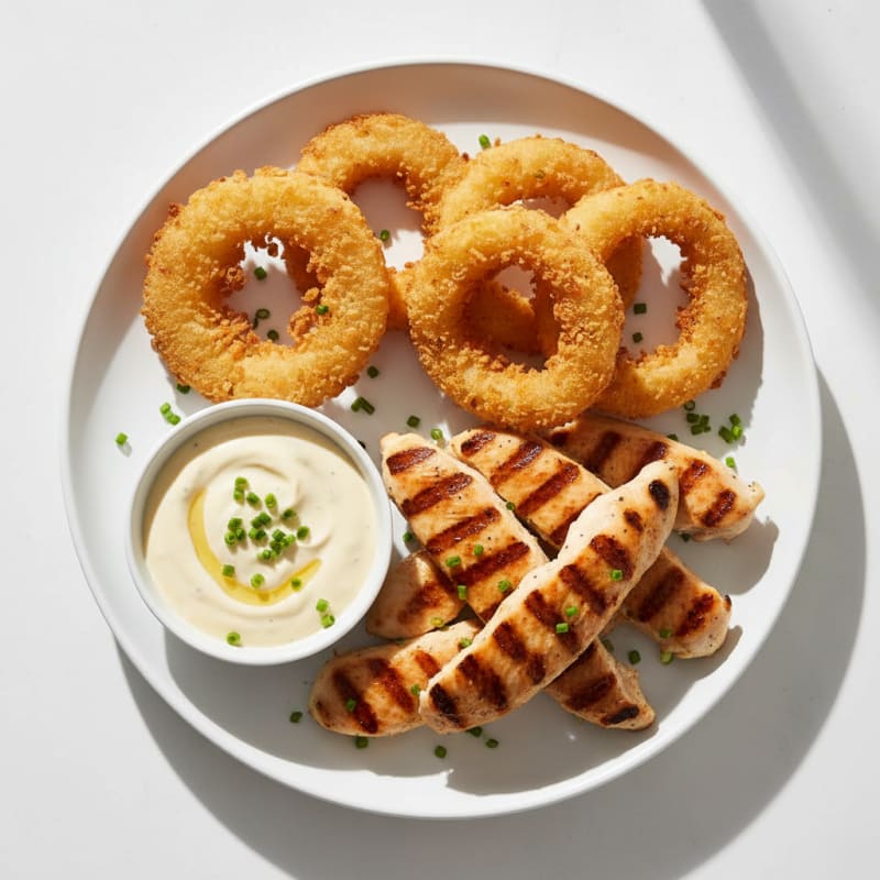 Crispy Beer-Battered Onion Rings with Grilled Chicken