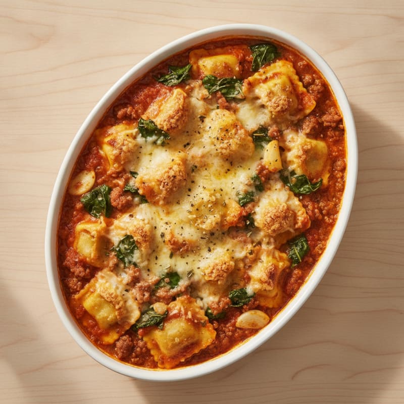 Beef and Four Cheese Ravioli Bake