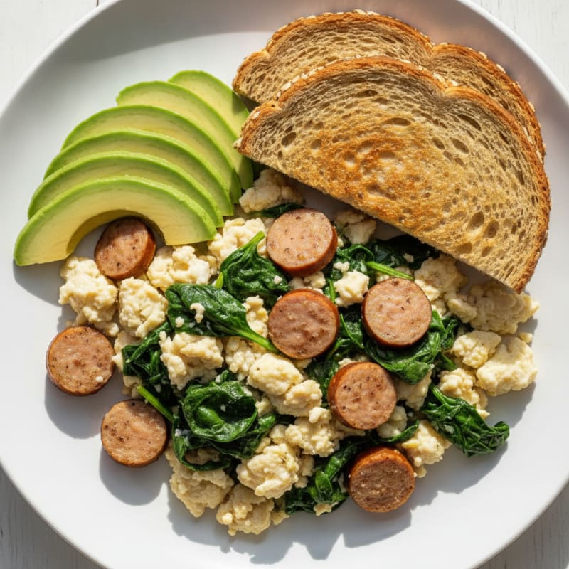 Egg White Scramble with Turkey Sausage and Sautéed Spinach