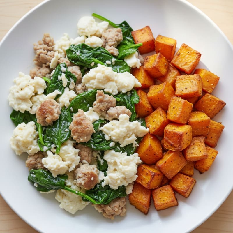 Egg White and Turkey Sausage Scramble with Spinach and Roasted Sweet Potatoes