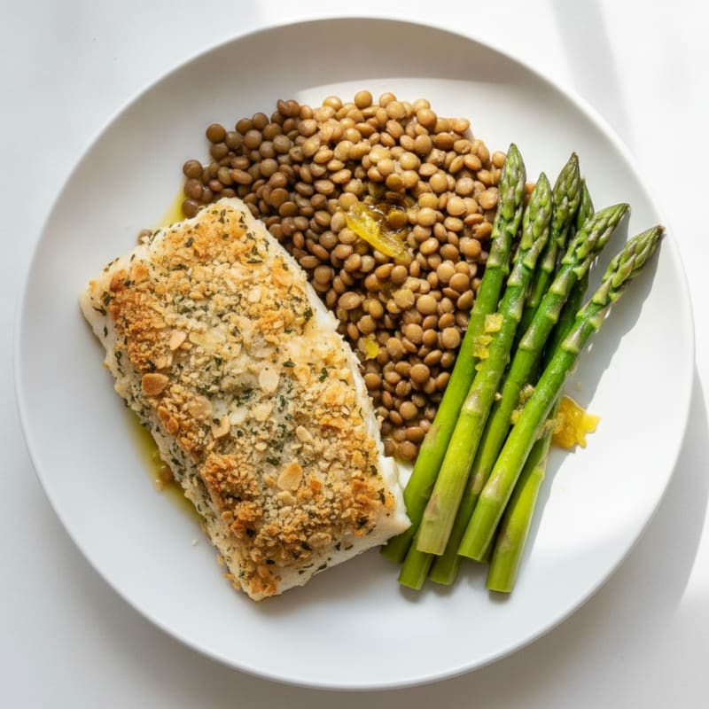 Herb-Crusted Baked Cod with Steamed Asparagus and Lentils